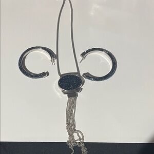 Silver-Tone Dark Blue Crystal Pendant Necklace and Hoop Earring Set